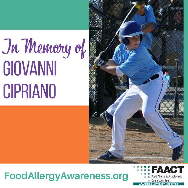 Giovanni Cipriano, a young boy who passed away due to an allergic reaction to peanuts